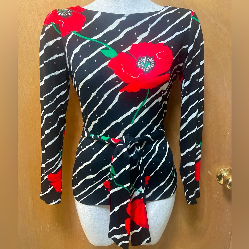 Vintage 70’s Poppy Blouse w/ Glass Rhinestones and Removable Belt
